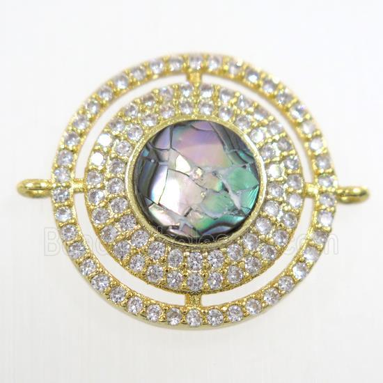 copper circle connector paved zircon with abalone shell, gold plated