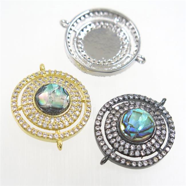 copper circle connector paved zircon with abalone shell, mixed