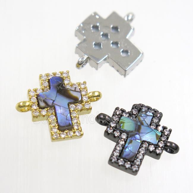 copper cross connector paved zircon with abalone shell, mixed