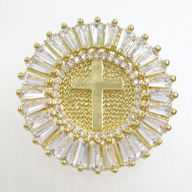 copper circle pendant paved zircon, cross, gold plated