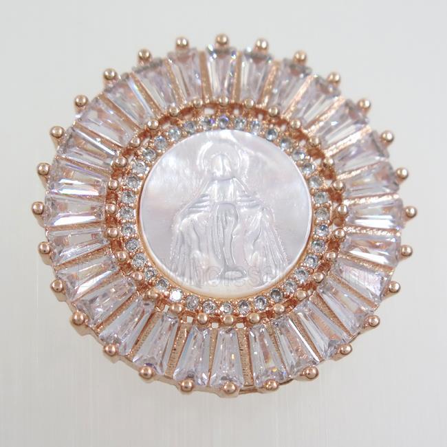 copper circle pendant paved zircon with white shell, rose gold