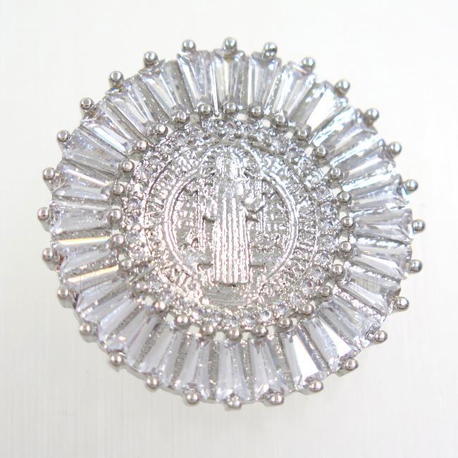 copper circle pendant paved zircon with Jesus, platinum plated