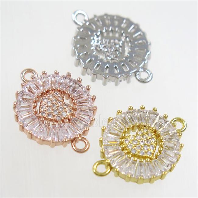 copper circle connector paved zircon with heart, mixed