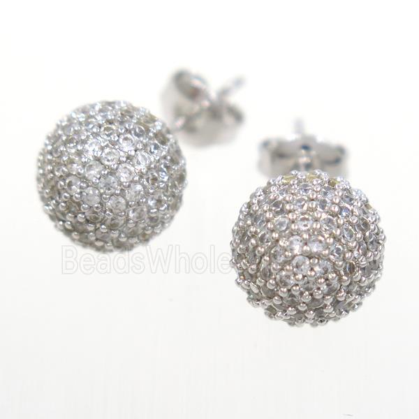copper earring studs paved zircon, round, platinum plated