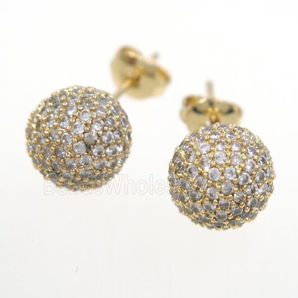 copper earring studs paved zircon, round, gold plated