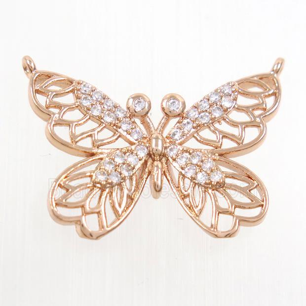 copper butterfly pendants paved zircon with 2loops, rose gold plated