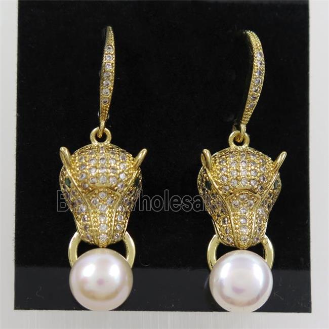copper fox earring paved zircon with pearl, gold plated