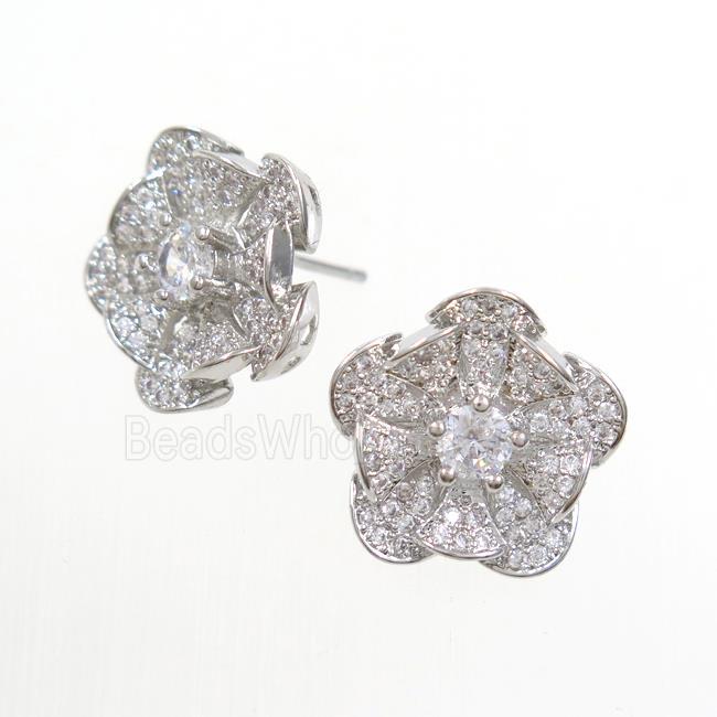 copper flower Earring studs paved zircon, platinum plated