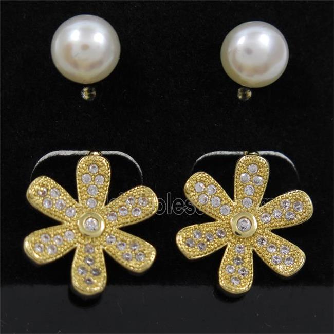 copper flower earring paved zircon with pearl, gold plated