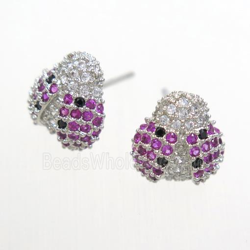 copper beetle earring studs paved zircon, platinum plated