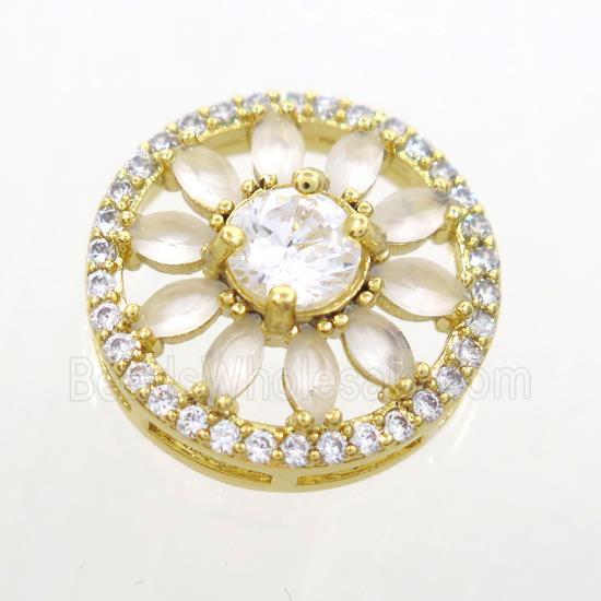 copper sunflower connector pave white zircon, gold plated