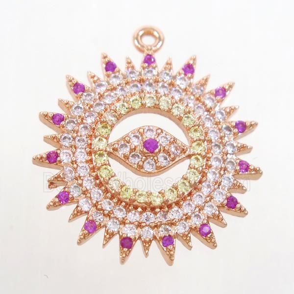 copper sun pendant paved zircon with eye, rose gold