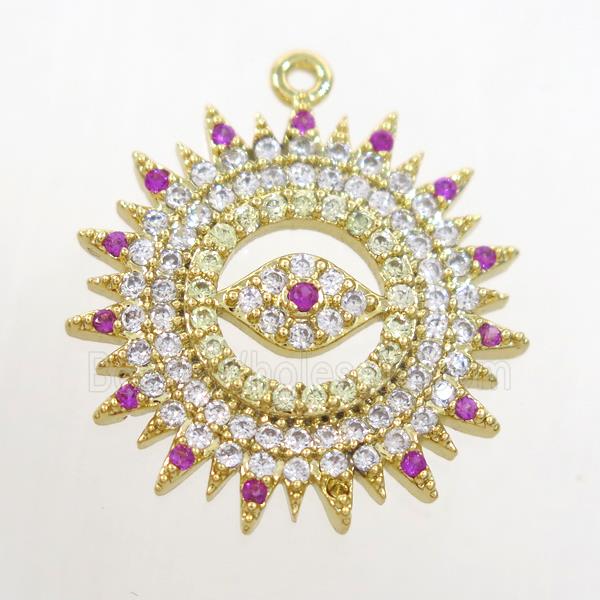 copper sun pendant paved zircon with eye, gold plated