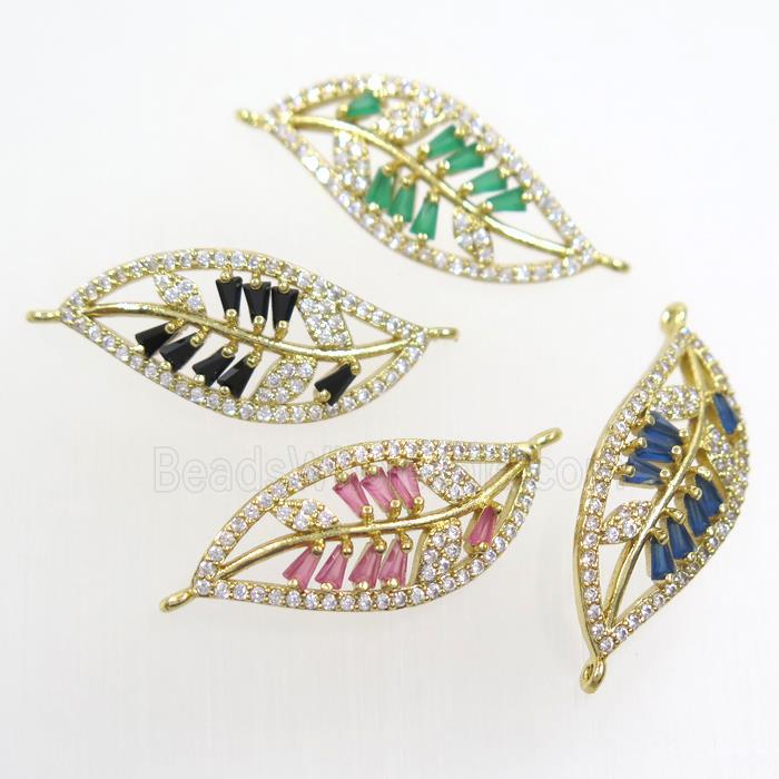 copper leaf connector paved zircon, mixed, gold plated