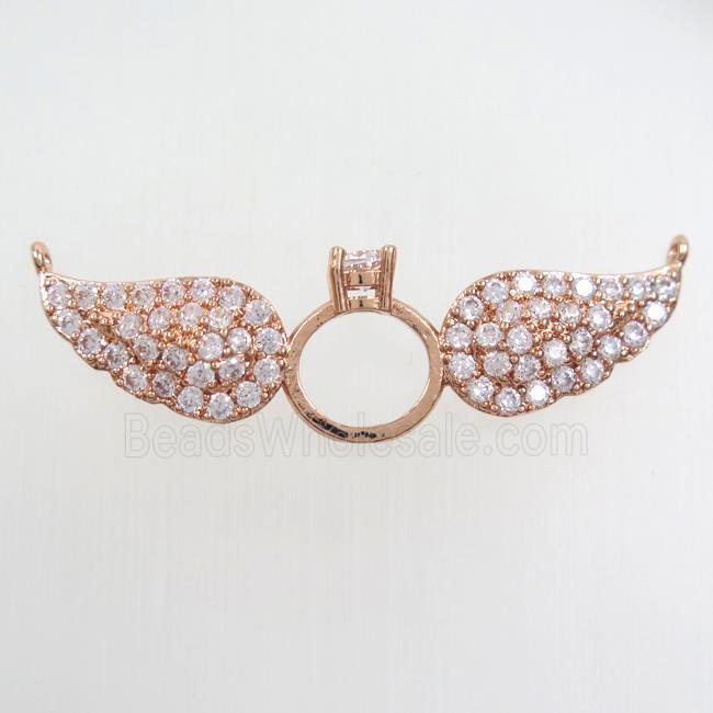 copper angel wing pendant paved zircon, rose gold