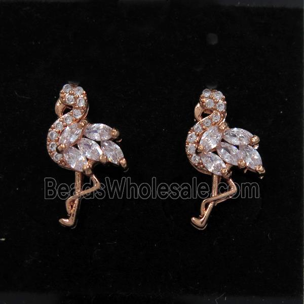 copper crane earring studs paved zircon, rose gold