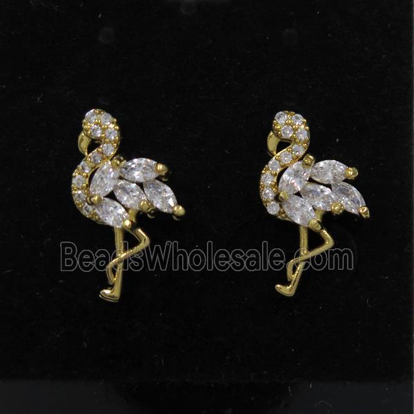 copper crane earring studs paved zircon, gold plated