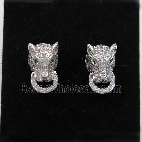 copper wolfhead earring stud paved zircon, platinum plated
