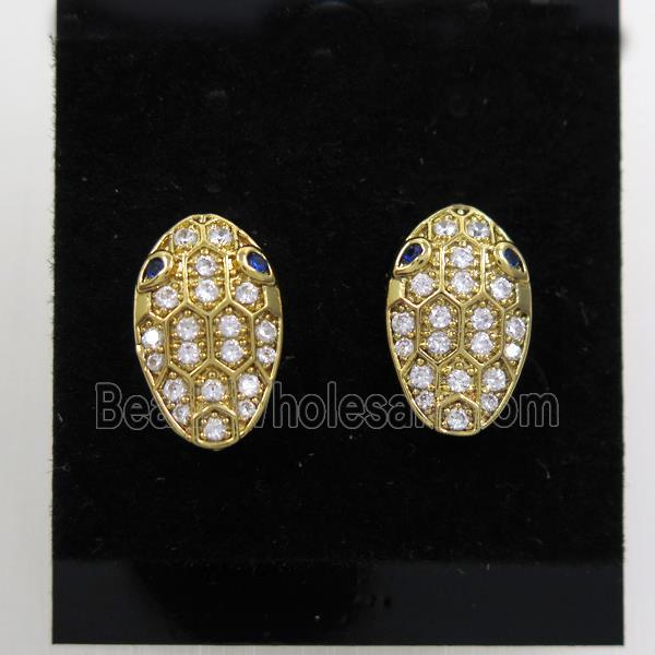 copper snakehead earring studs paved zircon, gold plated