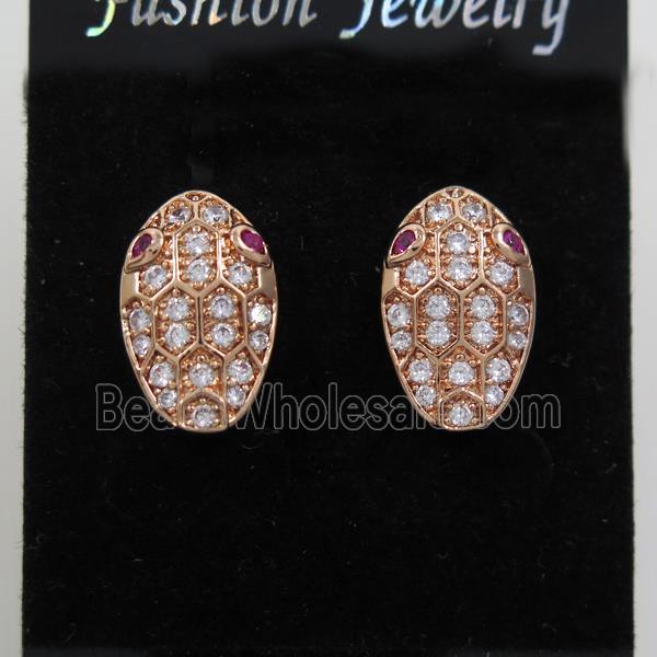 copper snakehead earring studs paved zircon, rose gold