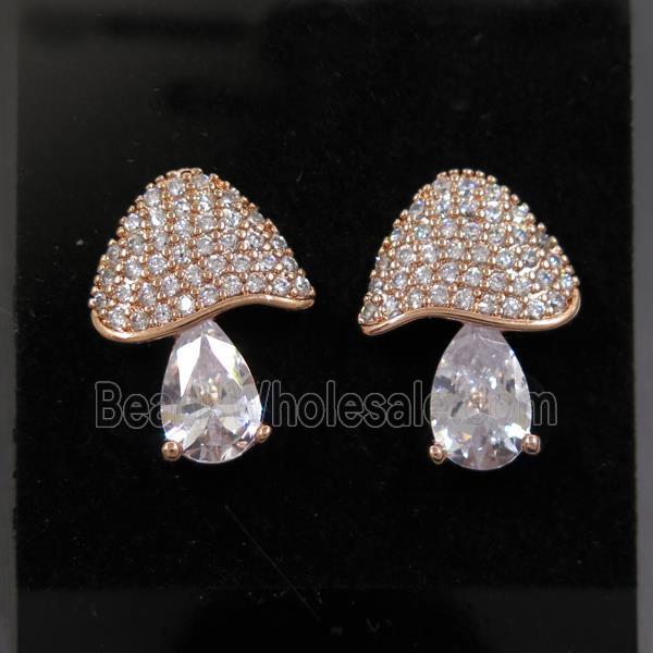 Copper Mushroom Stud Earring Pave Zircon Rose Gold