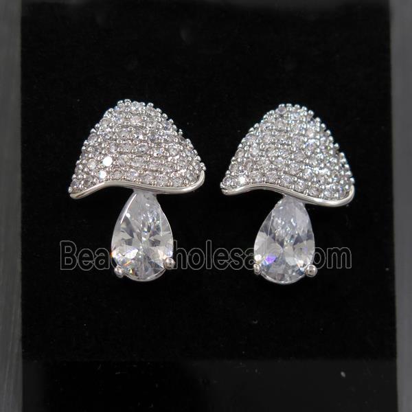 Copper Mushroom Stud Earring Pave Zircon Platinum Plated
