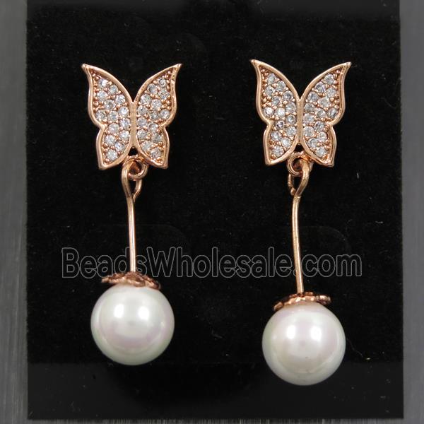 copper butterfly earring paved zircon with pearlized shell, rose gold