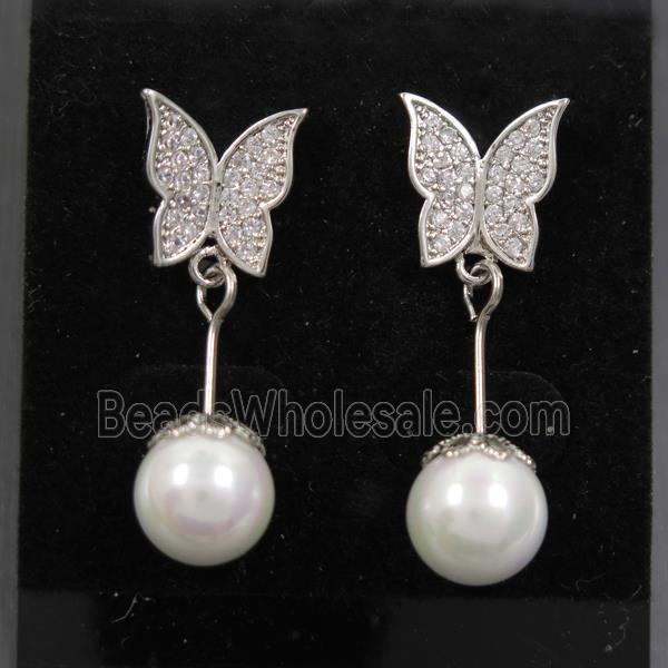 copper butterfly earring paved zircon with pearlized shell, platinum plated