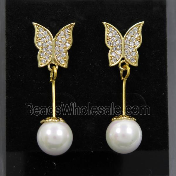 copper butterfly earring paved zircon with pearlized shell, gold plated