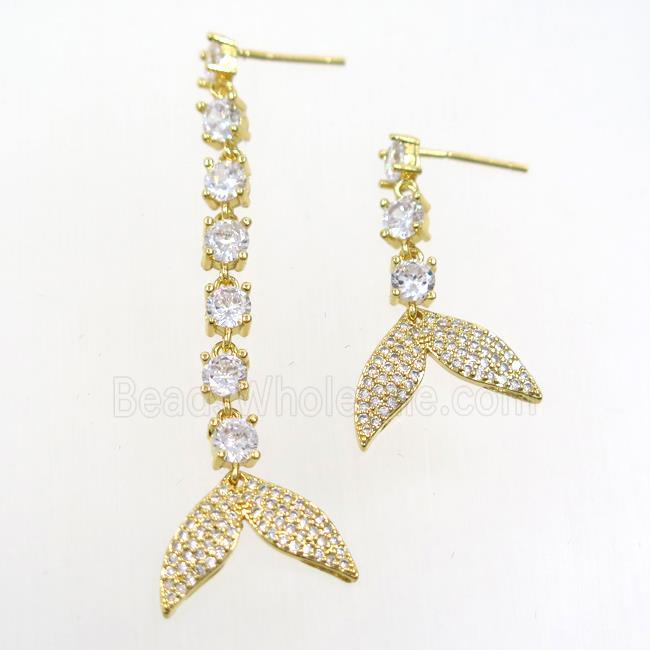 copper earring paved zircon with sharktail, gold plated