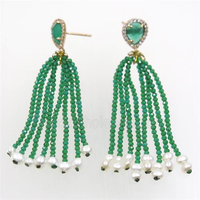 copper earring paved zircon with green crystal glass tassel