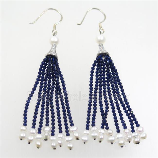 copper earring paved zircon with blue crystal glass tassel