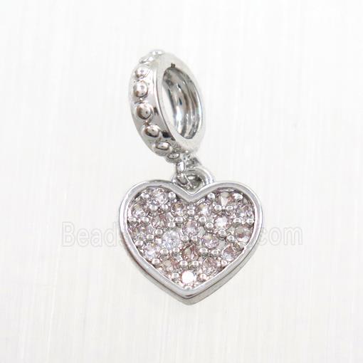 copper heart pendants paved zircon, platinum plated