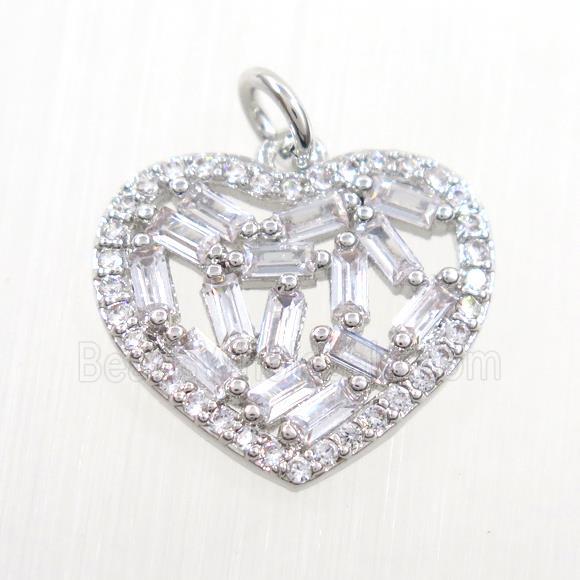 copper heart pendants paved zircon, platinum plated