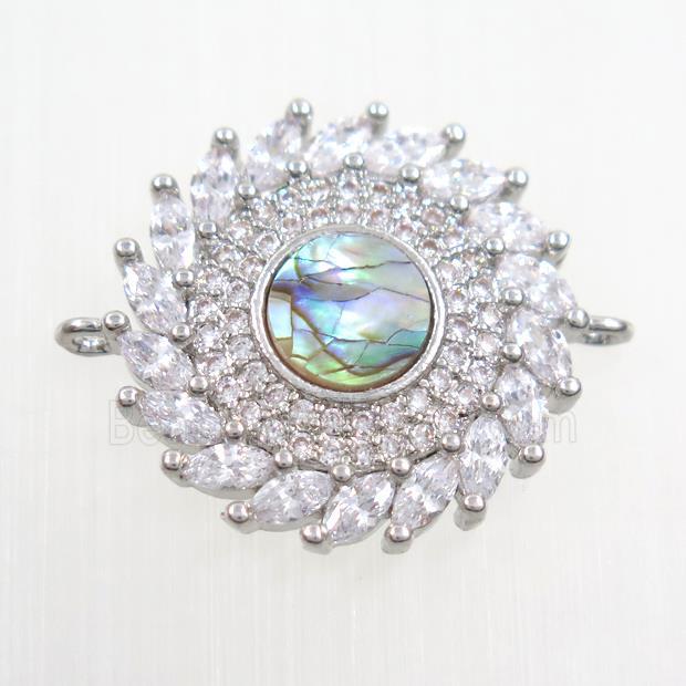 copper sunflower connector paved zircon, platinum plated