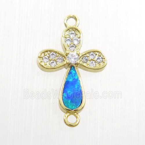 copper cross connector paved zircon with fired opal, gold plated