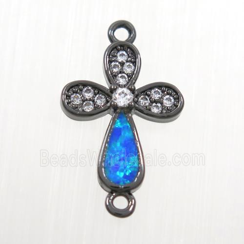 copper cross connector paved zircon with fired opal, black plated