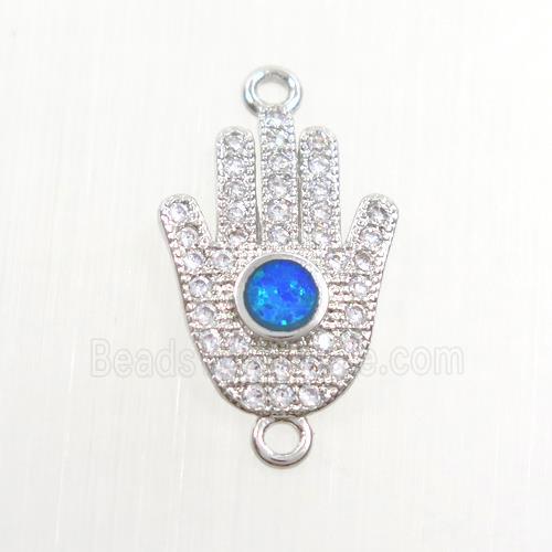 copper hamsahand connector paved zircon with fire opal, platinum plated