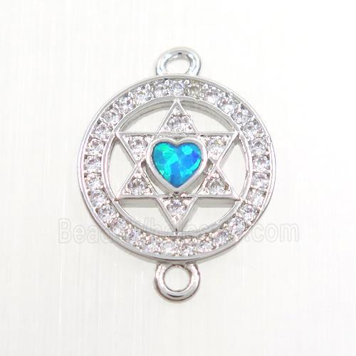 copper star connector paved zircon with fire opal, platinum plated