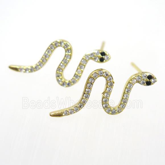 copper snake earring paved zircon, gold plated