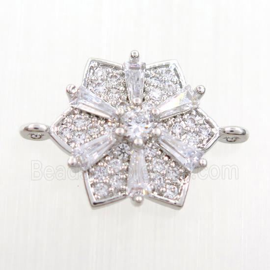 copper flower connector paved zircon, platinum plated