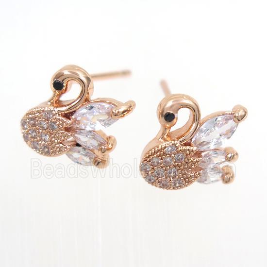 copper swan earring studs paved zircon, rose gold