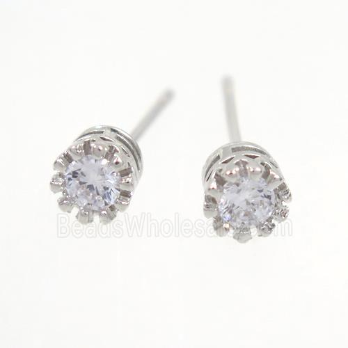 copper earring studs paved zircon, platinum plated