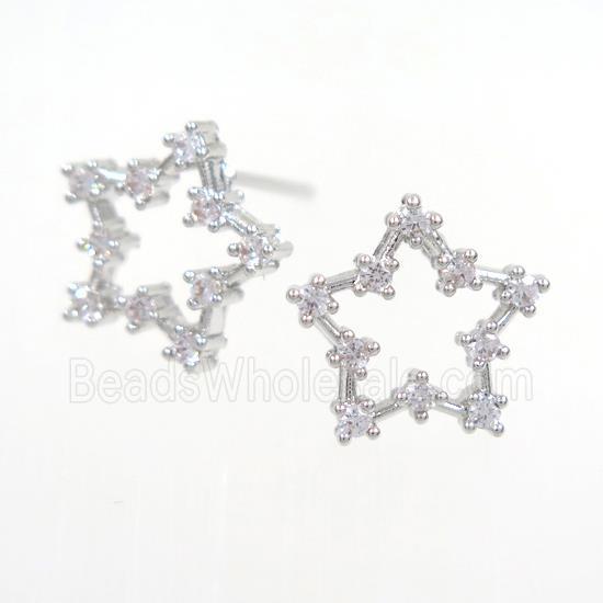 copper star earring paved zircon, platinum plated