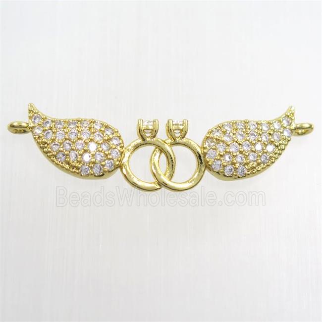 copper pendant paved zircon, angel wing, gold plated