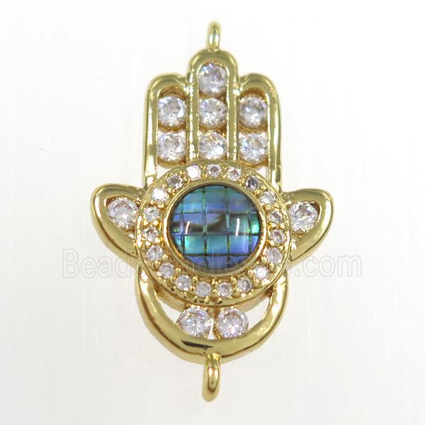 copper hamsahand connector paved zircon with abalone shell, gold plated