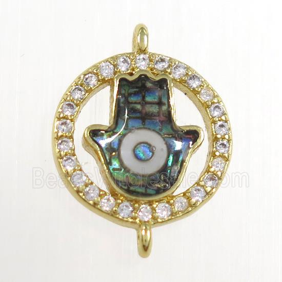 copper hamsahand connector paved zircon with abalone evil eye, gold plated