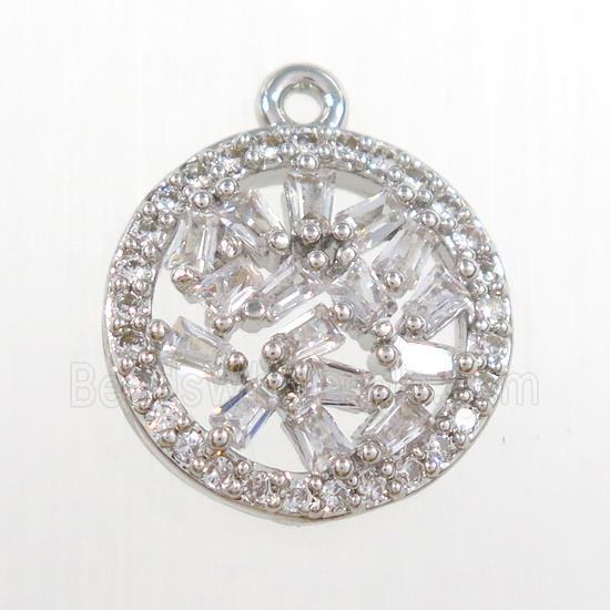copper circle pendant paved zircon, platinum plated