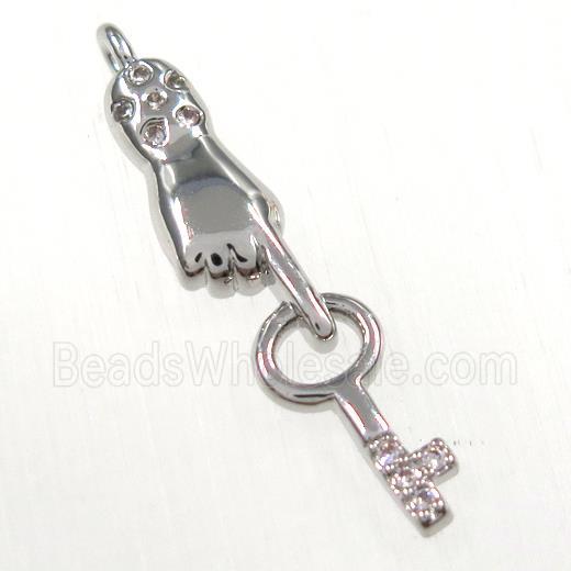 copper handkey pendants paved zircon, platinum plated