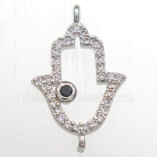 copper hamsahand connector paved zircon, platinum plated